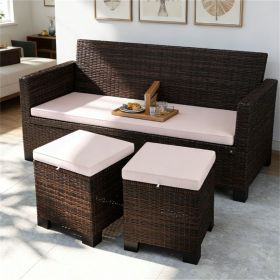 Two piece outdoor stool, rattan foot pad with cushion, terrace stool, footstool, cream Two piece outdoor stool, rattan foot pad with cushion, terrace stool, footstool, cream